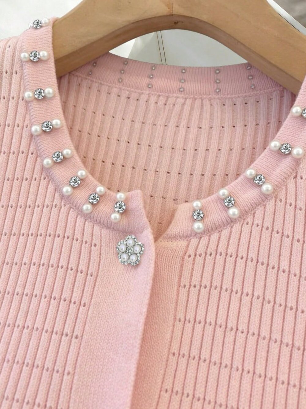 Pink Casual Women's Rhinestone Pearl Round Neck Slim Fit Short Sleeve Cardigan - Picture 3 of 6